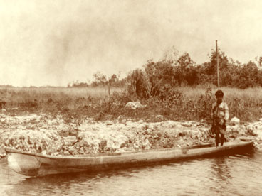 One Seminole boy in traditional dress standing in dug out canoe in an Everglades scene.  April 1928.  (John Hachmeister Collection)
